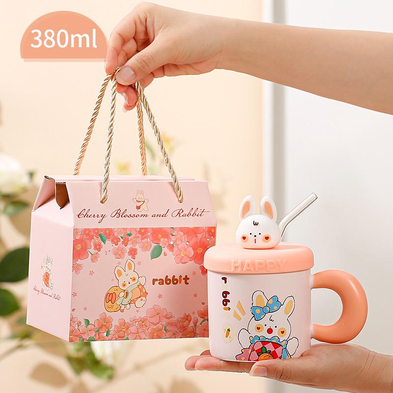 Cute Xiaomeng Rabbit Straw Cup Household Girlfriend Mug Office Girls Drinking Cup Gift Box Ceramic
