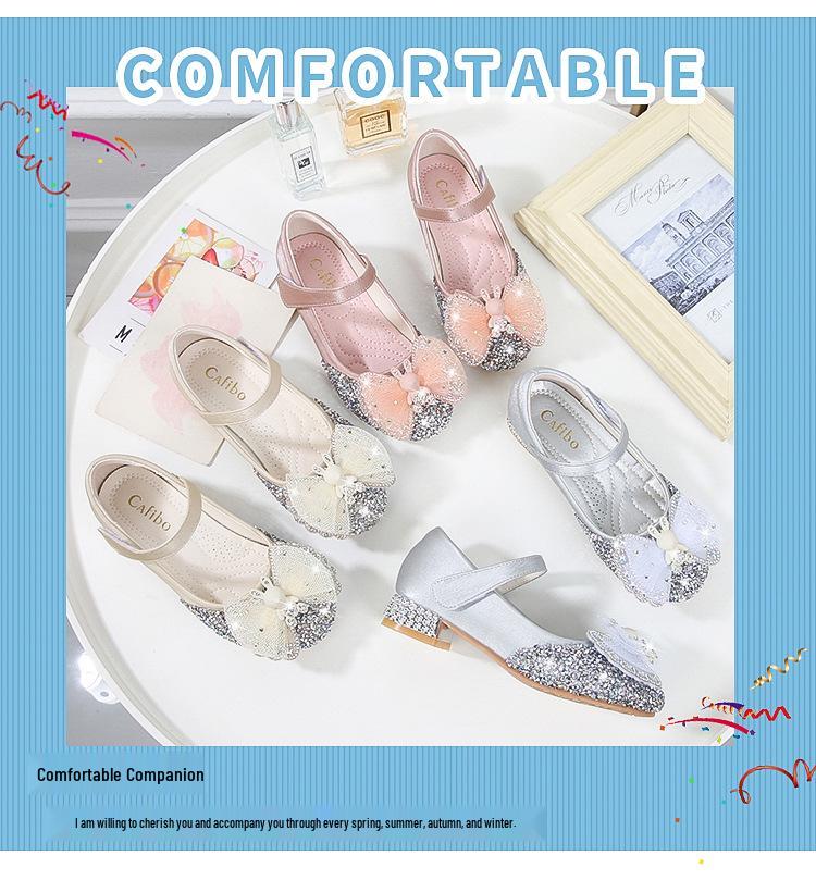 Summer 2025 Rhinestone Princess High Heels for Girls - Leather Shoes for Kids, Available in Small, Medium, Large Sizes