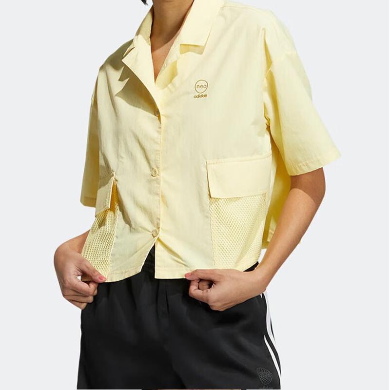 Adidas Neo Solid Color Suit Collar Casual Short Sleeve Shirt Women Shirts Yellow IB8890
