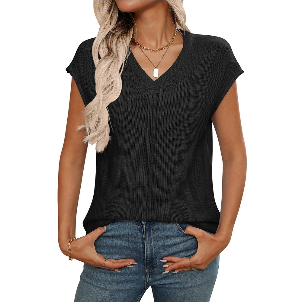 Summer Women's V-neck Top Knitted Coarse Needle Casual T-Shirts