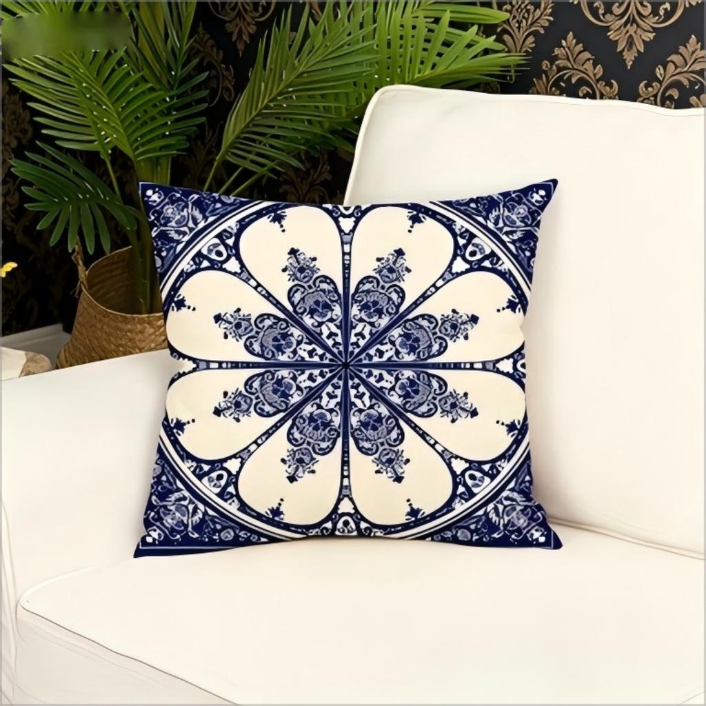 Blue White Mandala Floral Pillow Cover Chinoiserie Style Decorative Cushion Case For Sofa Couch Bedroom Living Room