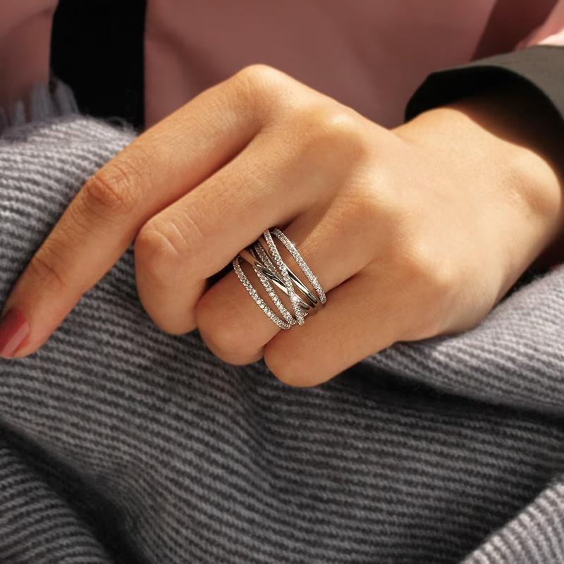 Multi Layered Cross Design Ring Lady Fashion Wide Finger Jewelry Silver Color Bright Zirconia Accessories for Daily Party