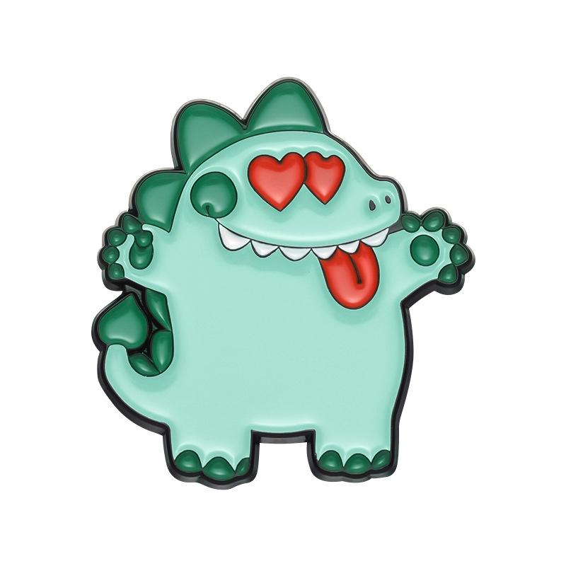 Playful Green Cartoon Dinosaur Inspired Brooch With Heart And Rose Design Couples For