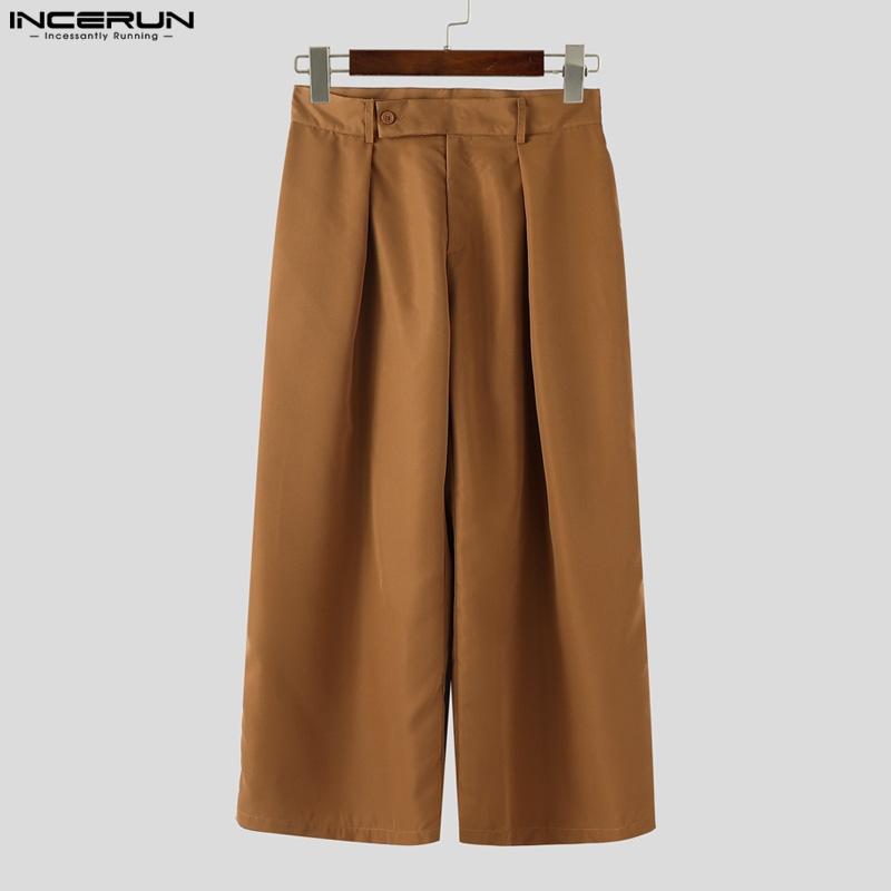 INCERUN Men High Zip-up Waist Solid Casual Pleating Long Wide Legs Pants Trousers