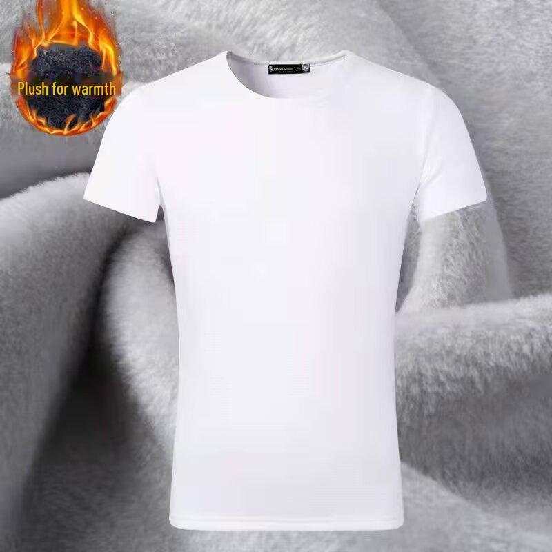 Men's Autumn Slim Fit Round Neck Thickened Solid Color Short-Sleeve T-Shirt with Velvet, Large Size.