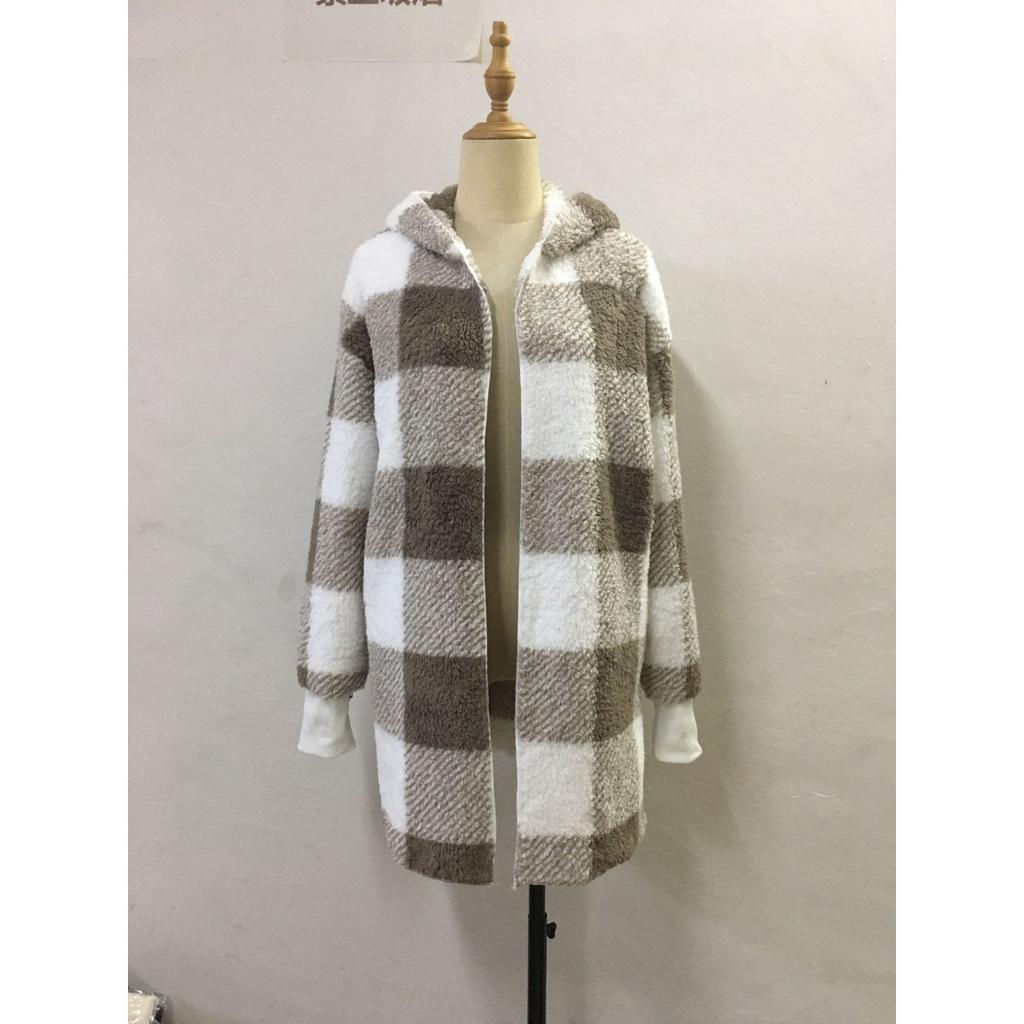 Women's Autumn and Winter Hooded Plaid Warm Top, Mid To Long Plush Cardigan Jacket