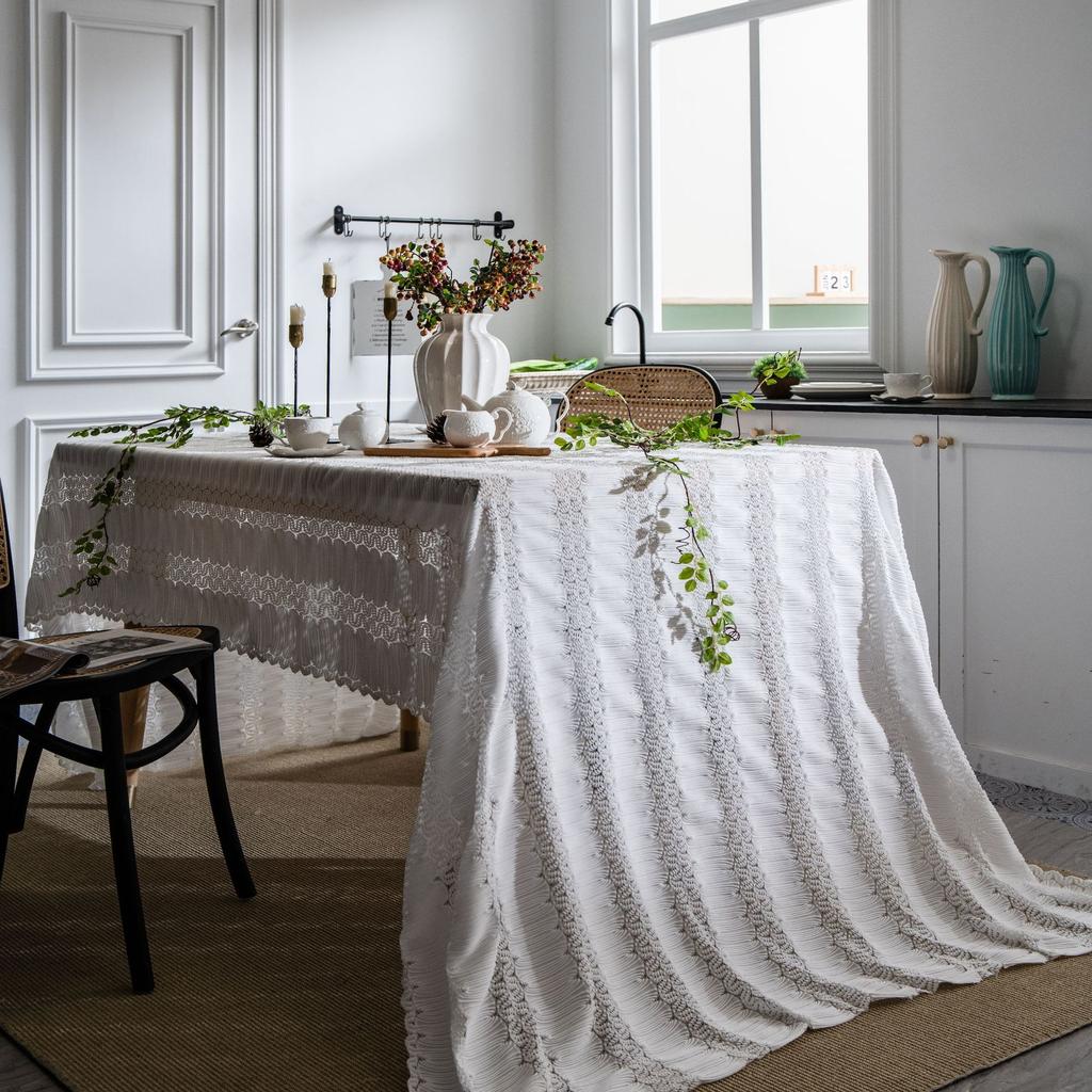 French Retro Jacquard Lace White Tablecloth Household Rectangular Coffee Table Dining Table Fabric Hollow