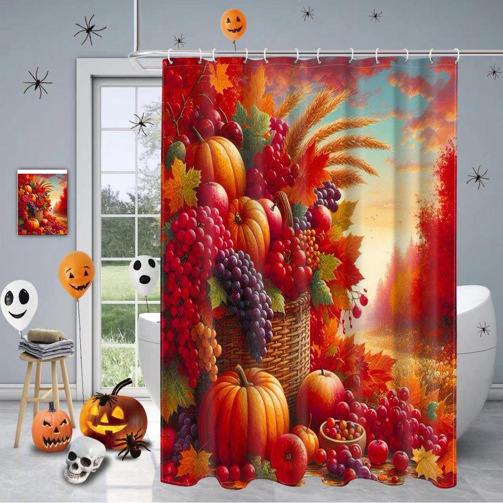 Harvest Thanksgiving Maples Pumpkin Pattern Bathroom Shower Curtain With 12 Hooks Bathroom Decor and Accessories