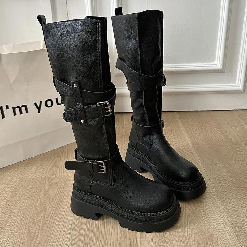Fashion Versatile Retro Belt Buckle Locomotive Boots Long Boots 2025 Autumn and Winter New Small Thick-soled Knight Boots Women