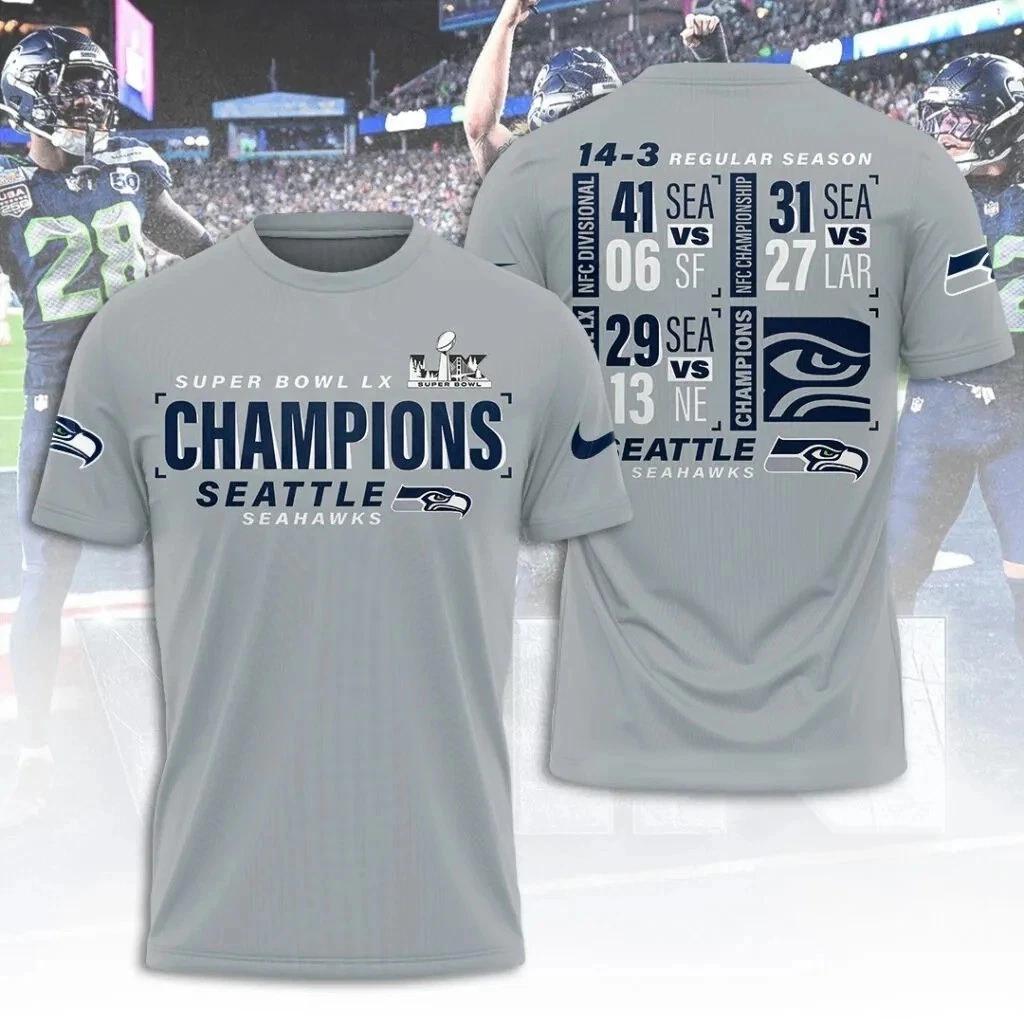 Seattle Seahawk 2025 Super 1Bowl LX Champions 3D Apparel Shirt S-5XL Style26 L
