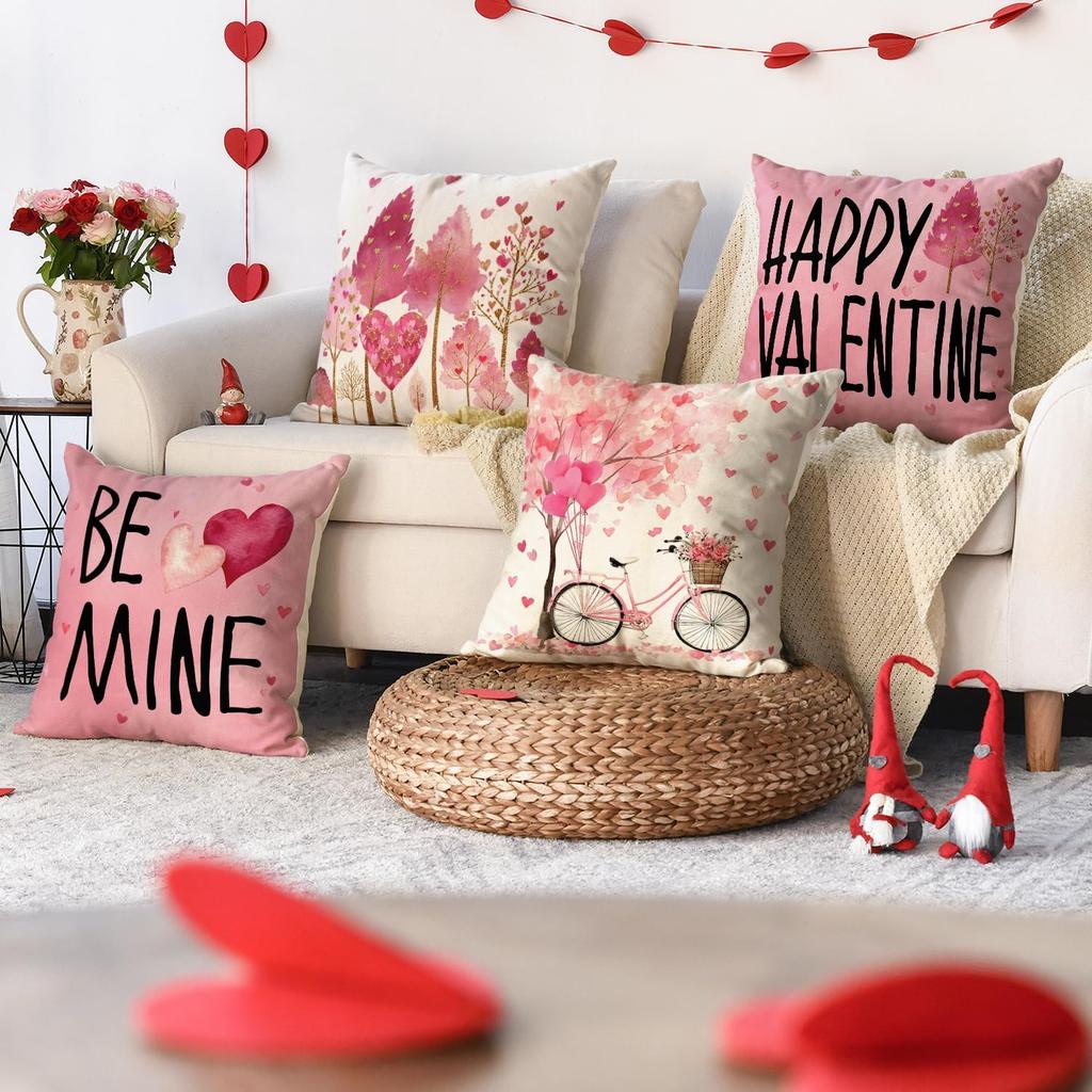 AVOIN colorlife Happy Valentine's Day Pink Heart Trees Throw Pillow Covers, 18 x 18 Inch Be Mine Bicycle Balloon Anniversary Wedding Cushion Case