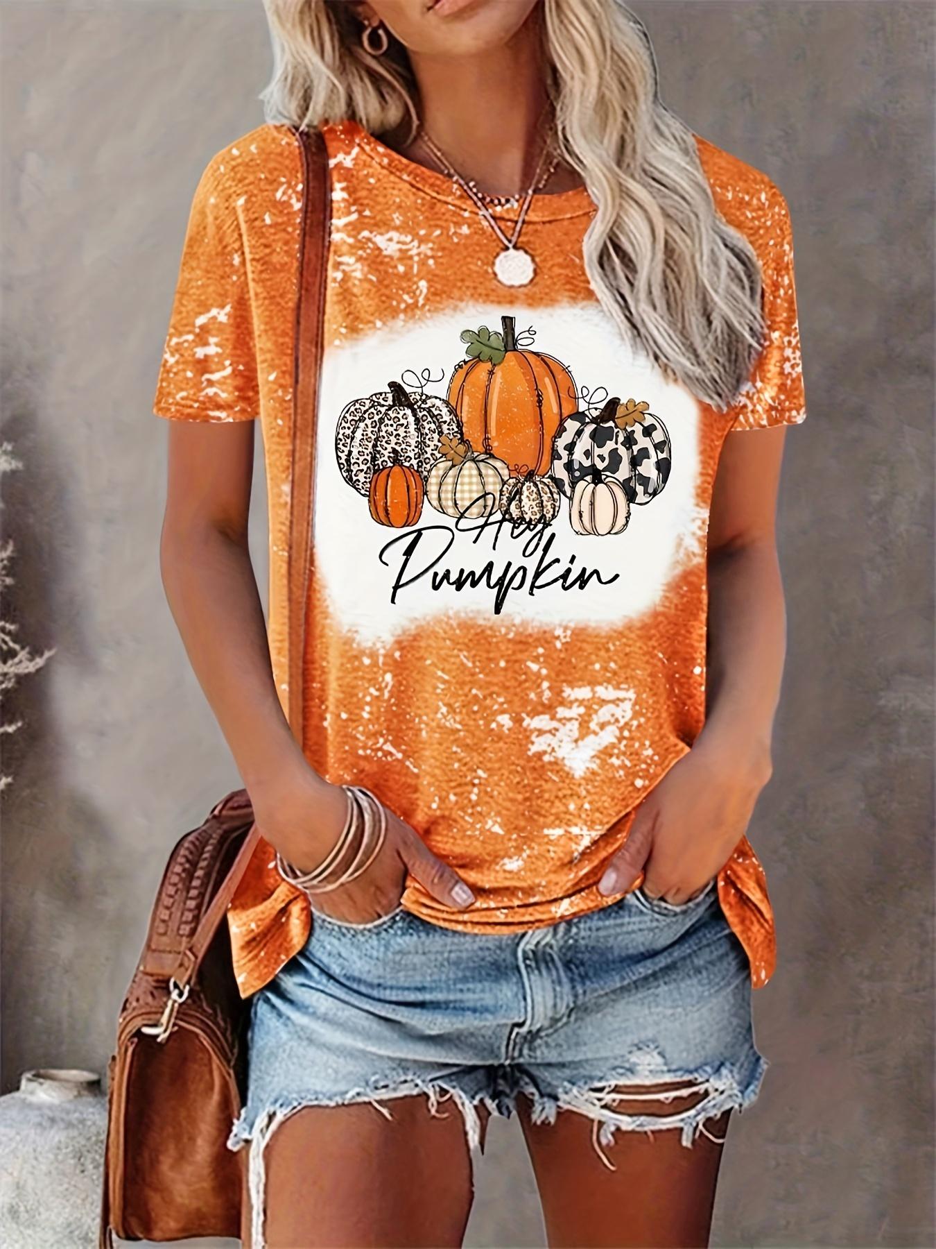 Футболки с принтом тыквы и кота Женская футболка Оранжевый женский топ Модный круглый — фото 10