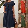 Women's Long Dress - Solid Colour O-Neck Pocketed Pleated Short-Sleeved Cotton-Linen Blend Dress