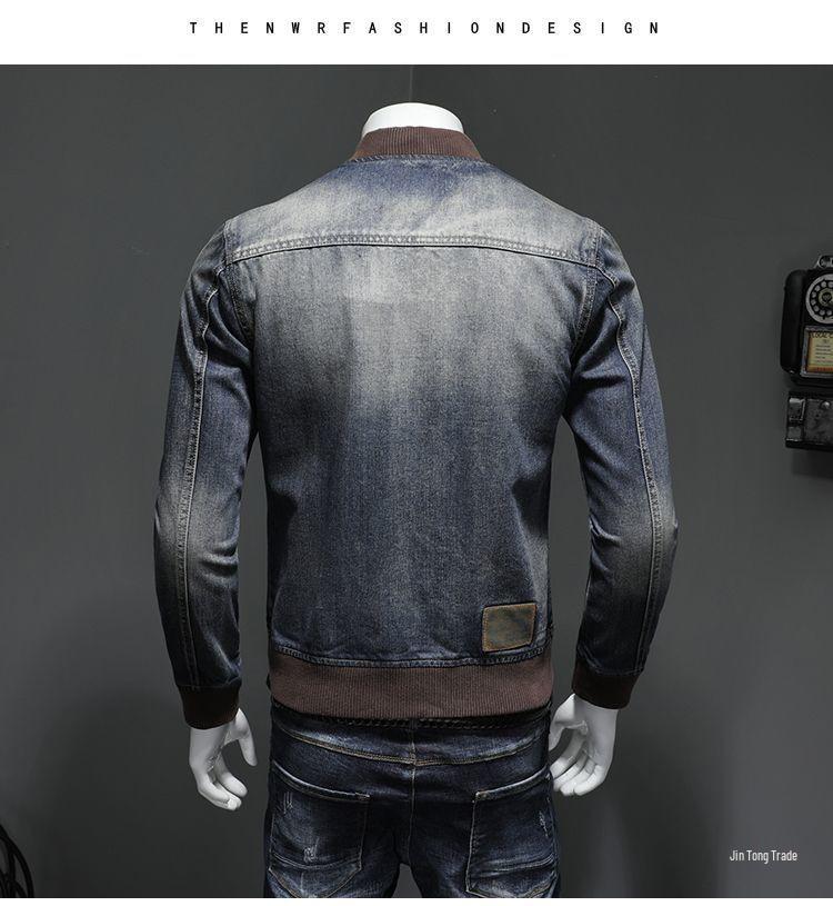 Men's Trendy Retro Motorcycle Denim Jacket - Slim Fit, Fashionable Baseball Collar for Autumn and Winter.