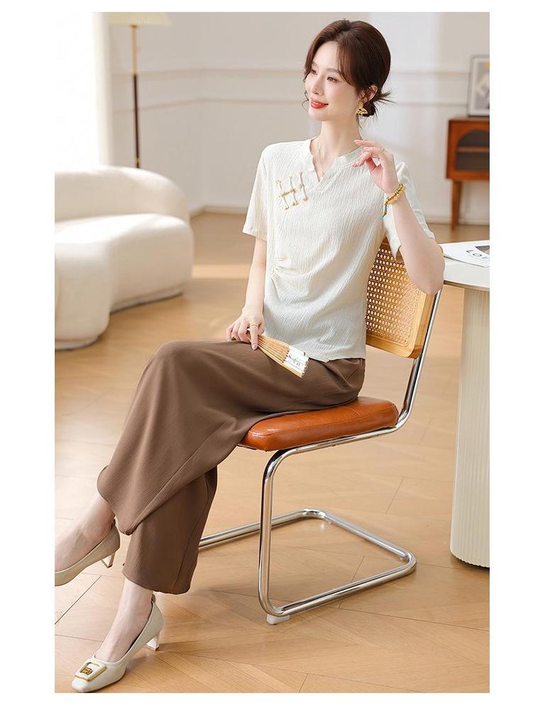 Chinese Style Summer Set: Short-Sleeved Blouse & Wide-Leg Pants for Middle-Aged Women