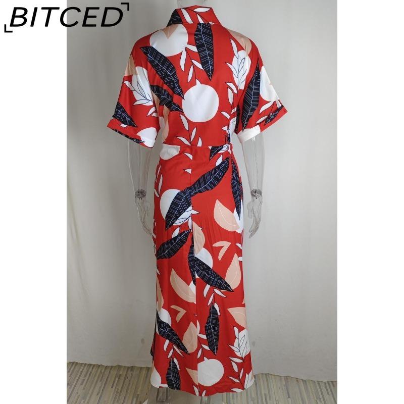 BITCED Damen Hemdkleid mit Kragen, mittellang, kurzärmelig, einreihig, hoch tailliert, Frühling