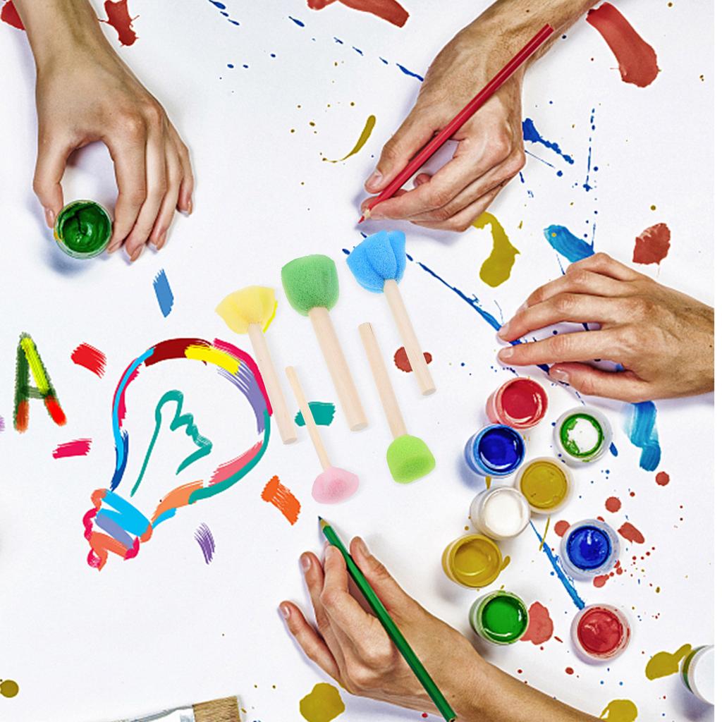 5Pcs Kids Sponge Brush Set Wooden Handle Painting Tool for Graffiti Doodling Arts Crafts Acrylic Painting Drawing Supplies