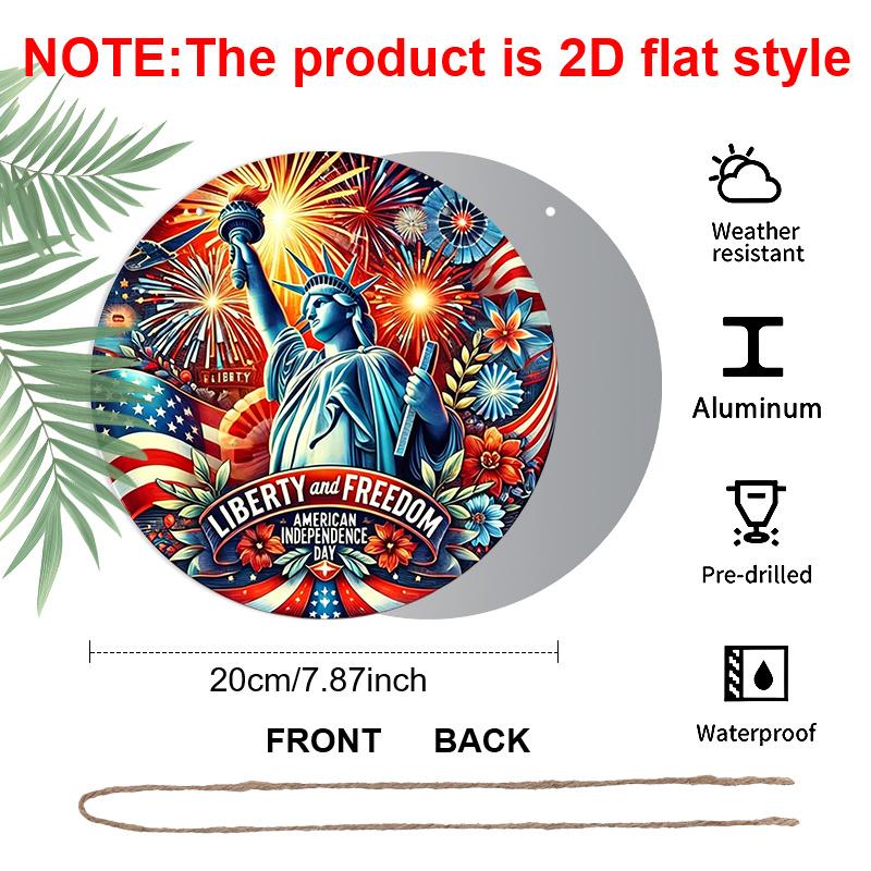 2D Flat, 1pc Vintage Patriotic Independence Day Aluminum Wall Decor - Statue of Liberty with Fireworks, American Flag Colors - Heavy-Duty Rustproof