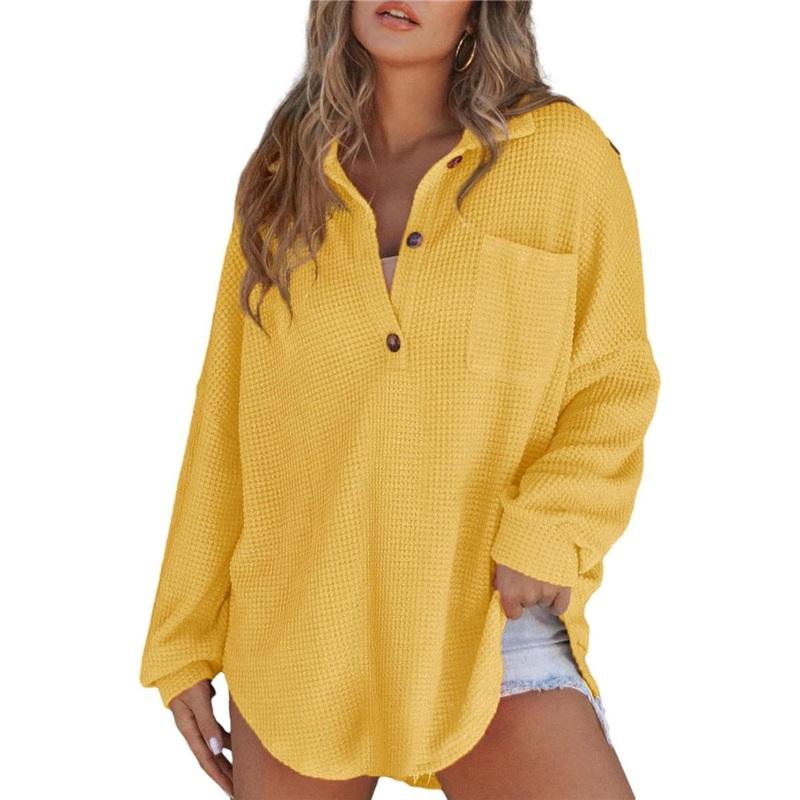 

Autumn New Solid Color Loose Long Sleeve Shirt Women Half Placket Button Pocket Top Side Slit Casual Blouse XXL жовтий