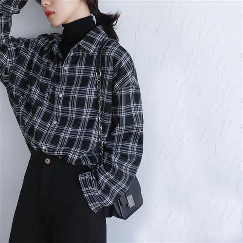 Camisas xadrez femininas manga comprida trespassado vintage estilo coreano ulzzang blusa preta grande