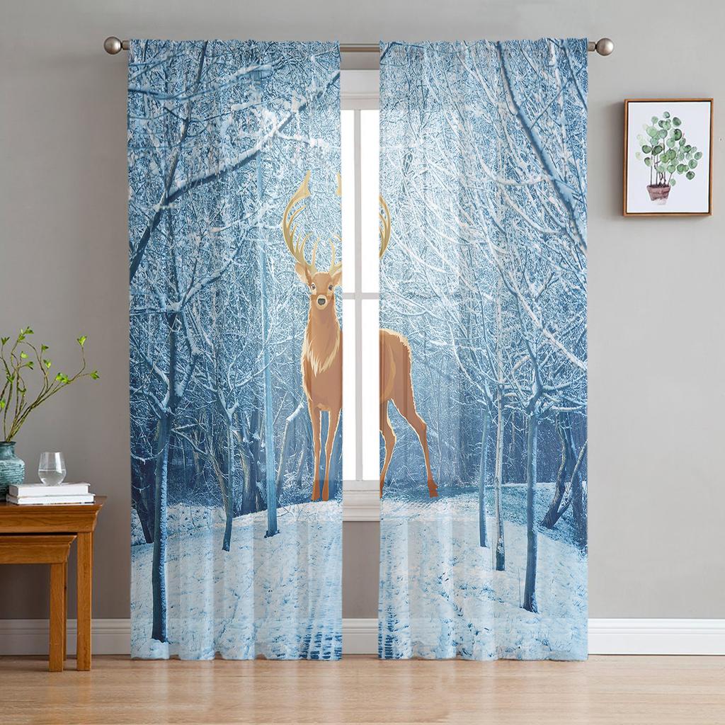 Christmas White Snow World Tulle Curtains For Living Room Decoration Modern Chiffon Sheer Voile Christmas Curtains