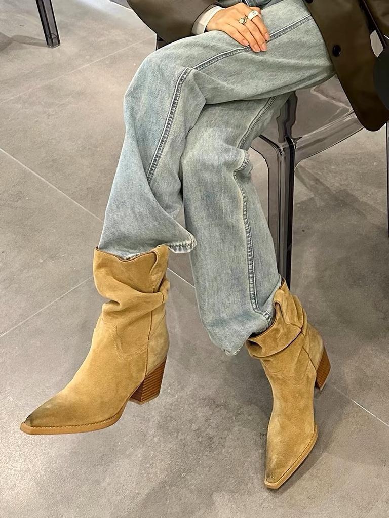 Cowhide Version~ Western Cowboy Boots Brown Pointed Head Suede Thin Pleated Stacking Boots V-mouth Thick Heel Medium Tube Short Boots Women