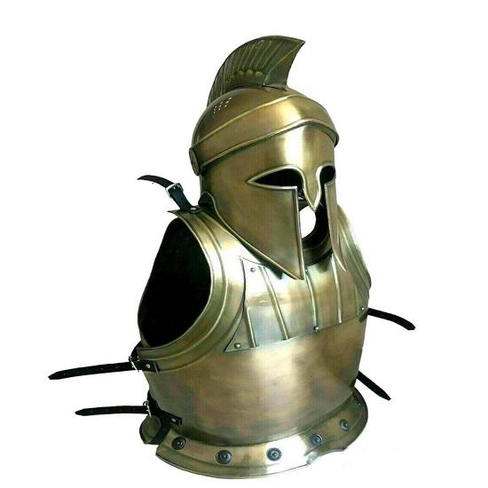 Mittelalterliche Brustmuskeljacke, Kostümjacke, Griechischer korinthischer Helm, Brust- und Helmset, Rüstungsjacke, Halloween-Helm