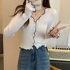 Women's Spring Korean-style Designed V-neck Ruffled Trim Slim Long-sleeve Knit Cardigan