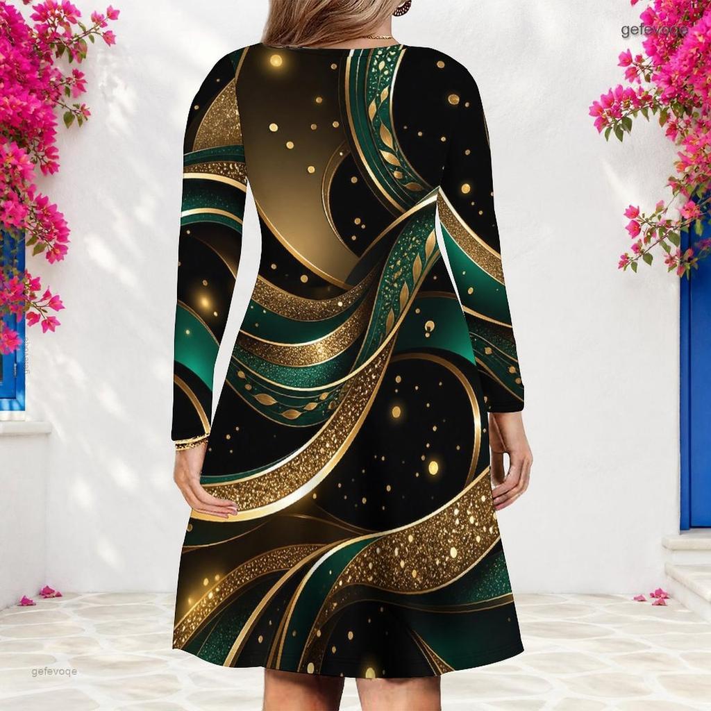 Damen Übergröße V-Ausschnitt Langarm Bedrucktes Schwarz Grün Gold A-Linien-Kleid