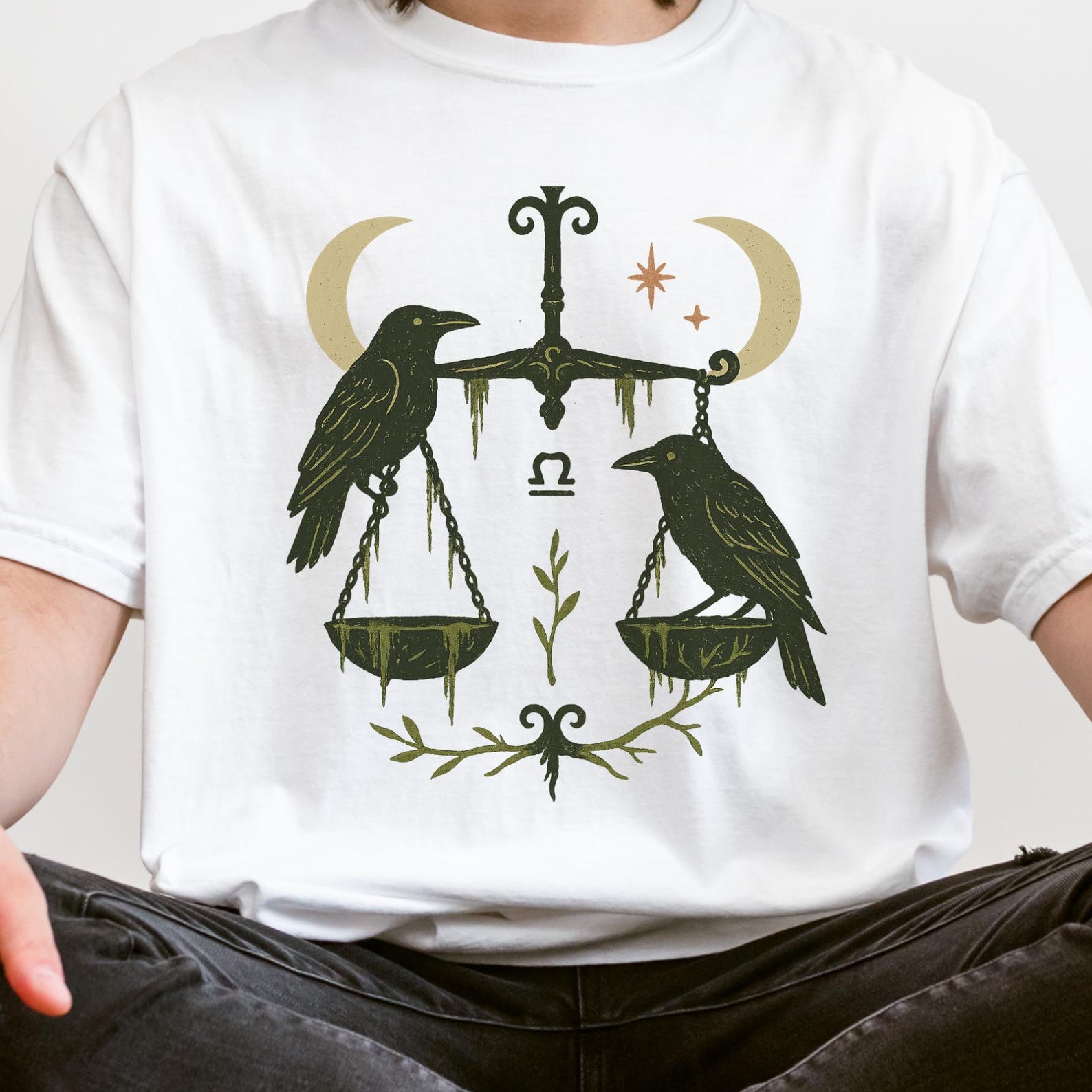 Libra Zodiac T-Shirt: Folk Art Astrology Crow Horoscope Tee 4XL