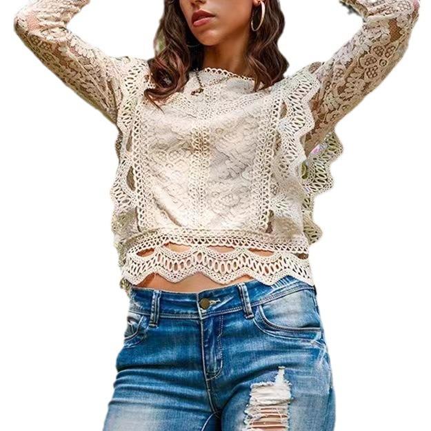 Nová evropská a americká sexy dutá krajková košile s dlouhým rukávem - Sladké dámské topy 2023