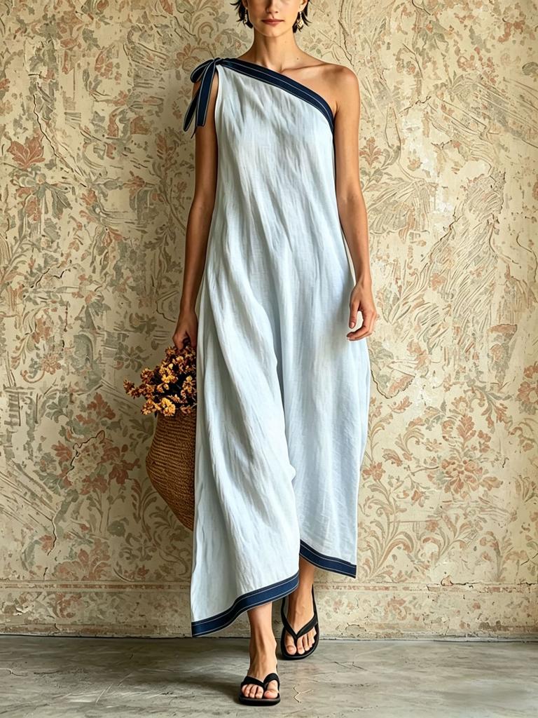 European and American new single shoulder straps linen long dress women's summer vacation style loose and thin dress