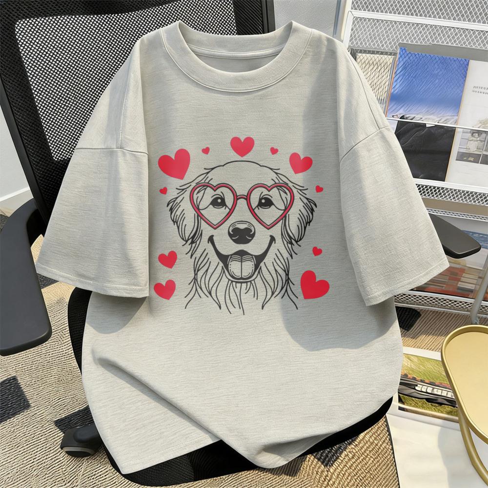 Heart Glasses Golden Retriever Graphic Tee Cute Dog Red Love Heart Unisex Streetwear Shirt Valentines Day Gift Funny Cotton Tee