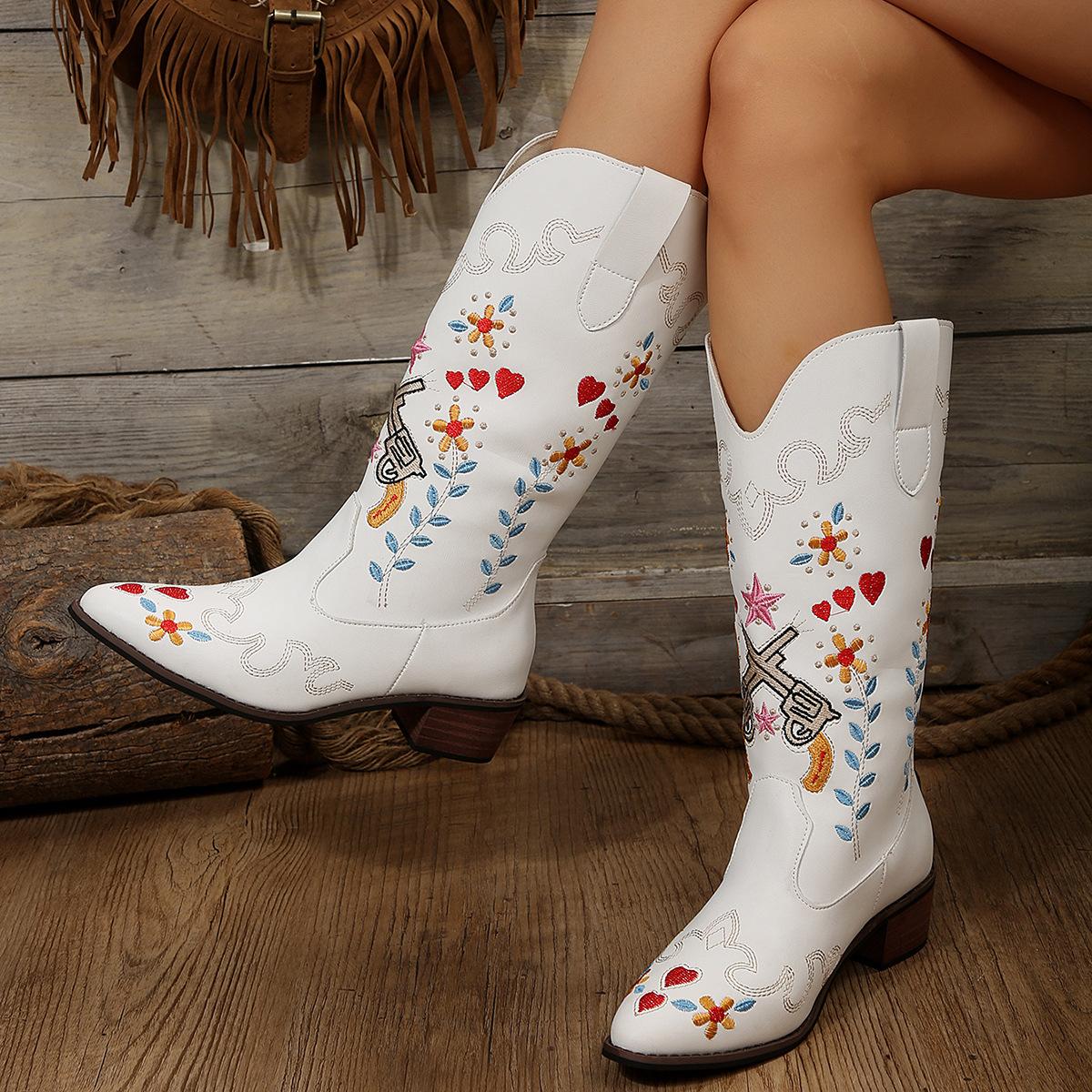 Martin Boots Women S Pointed Embroidery Coarse Heel High Heel Knight Boots High Boots 35