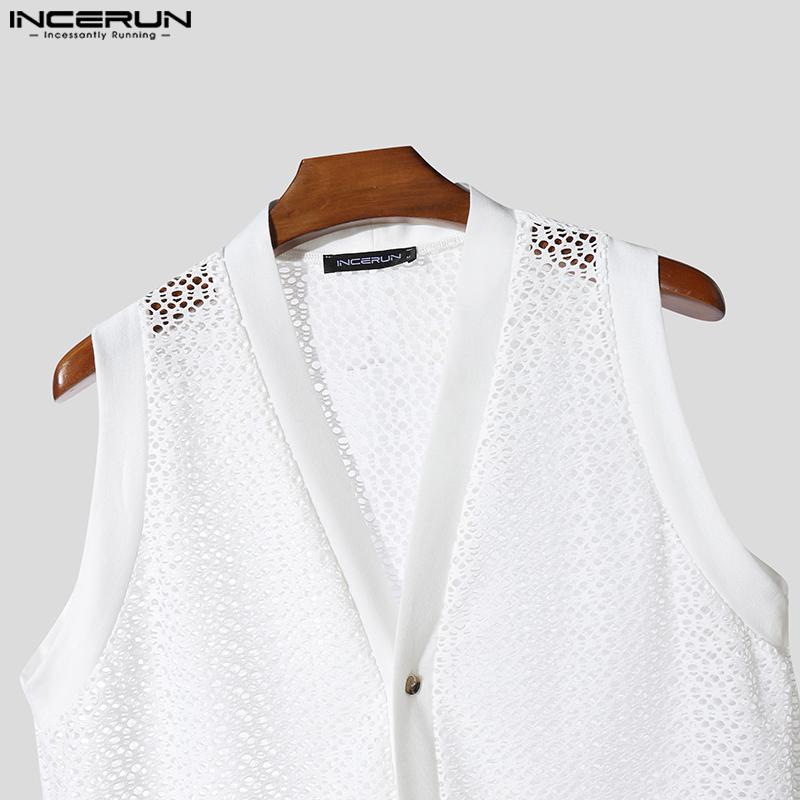 INCERUN Men Sleeveless Buttons Up Hollow Out Casual Tank Tops