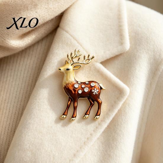 Mini Reindeer Brooch Christmas Pin, Rhinestone Elk Lapel Sweater Alloy Cardigan Coat Suits Accessories, Jewelry Gift for Xmas