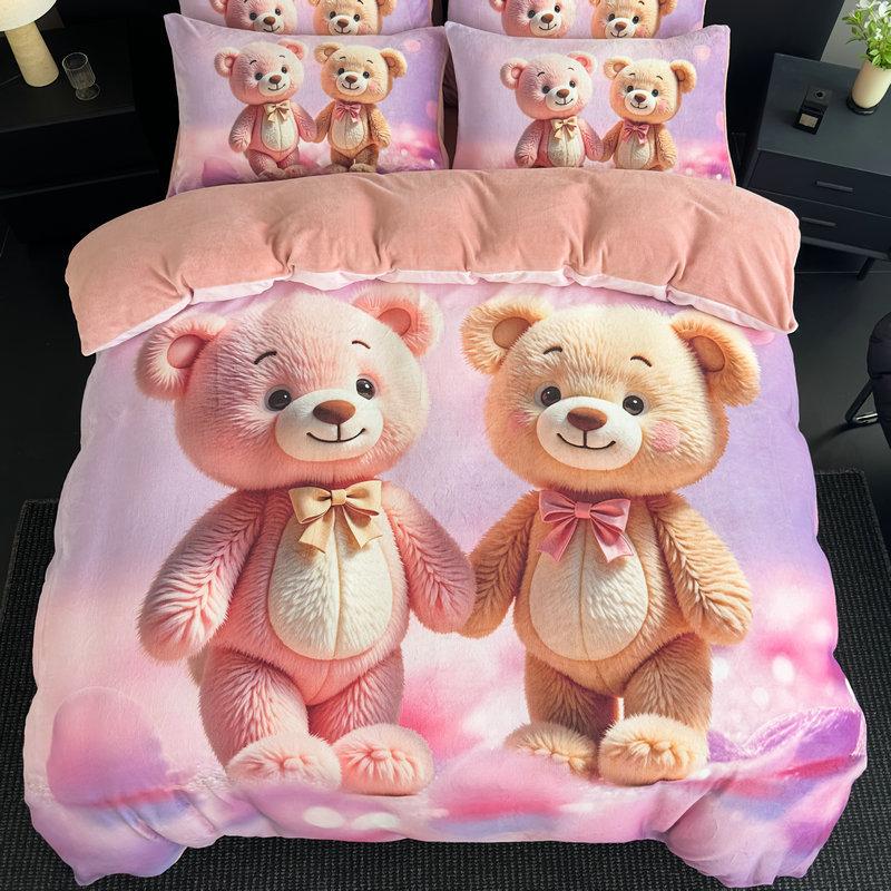 

Четырехпредметный комплект из молочного флиса, большая версия, цифровая печать, милый мультяшный, одинарный, двуспальный пододеяльник, комплект из трех предметов с шапкой для кровати Single cover [180 * 220cm]