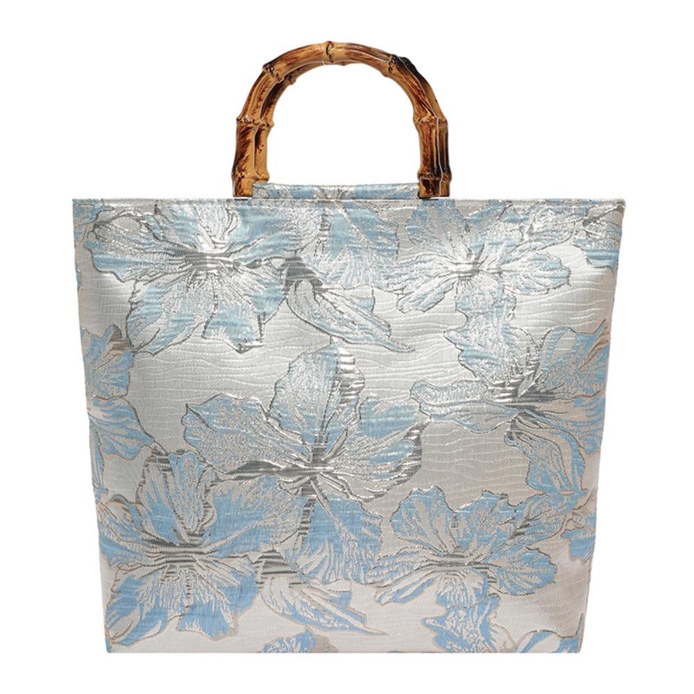 Borsa Tote Jacquard in Tela Chegsam Accessori Manico con Giunzione in Bambù Borsa a Mano Stile Cinese Grande Capacità Chiusura con Zip