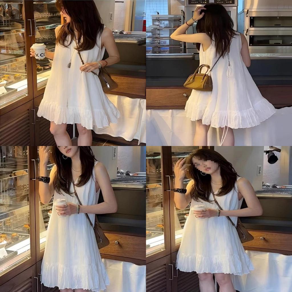 Elegant White Sleeveless Dress With Ruffle Collar For Summer Casual Wear