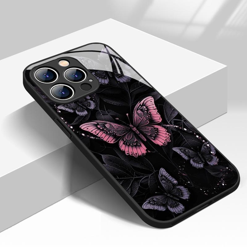 Retro Dark Butterfly Pattern Tempered Glass Phone Case For iPhone 11 12 13 14 15 16 17 Pro Max 17Air 16E 7 8 Plus XR XS X Cover