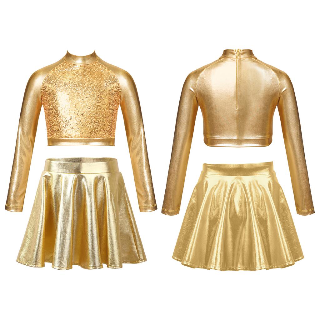 Kids Girls Glossy Metallic Dance Outfit Long Sleeve Sequin Crop Top Skating Short Skirt Suit for Figure Skating