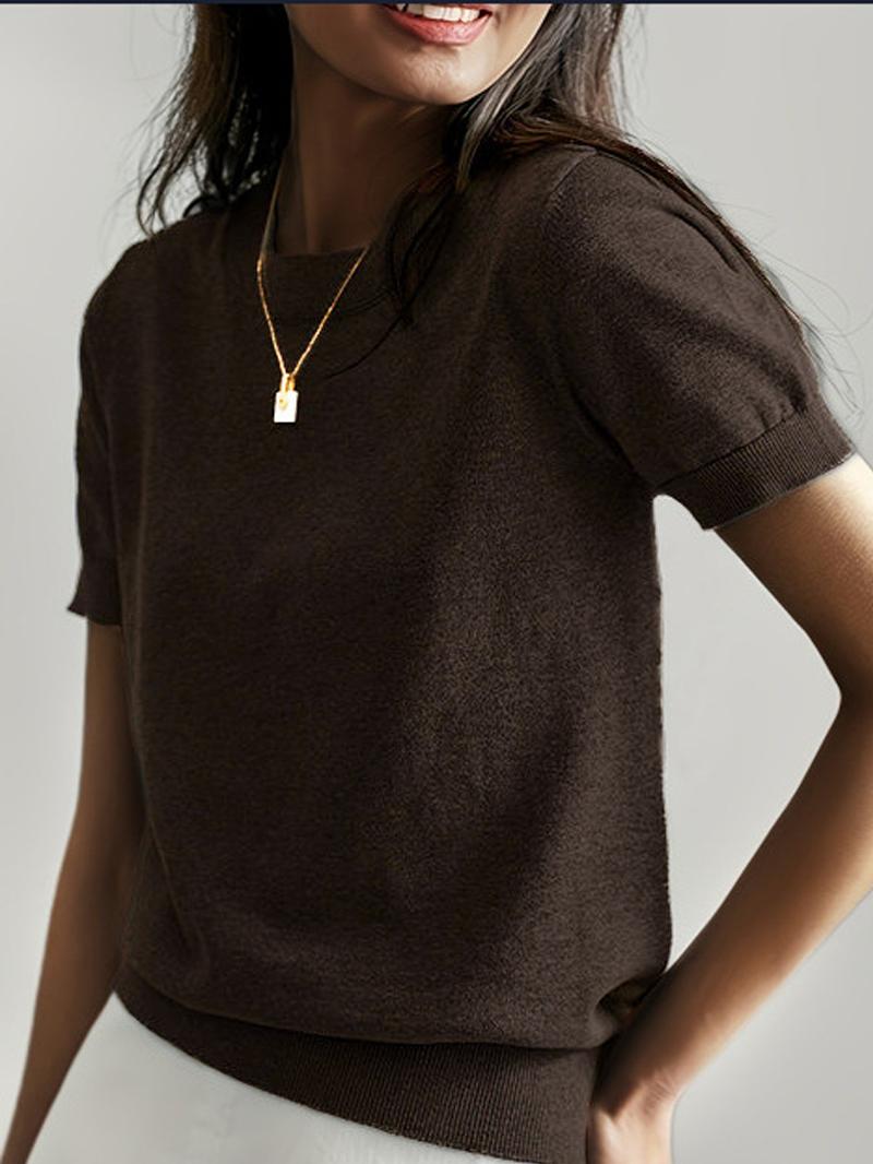 

Women Summer Solid Color Short Sleeve Knit Sweater Casual Lightweight Loose Fit Pullover Top 2XL кофейный