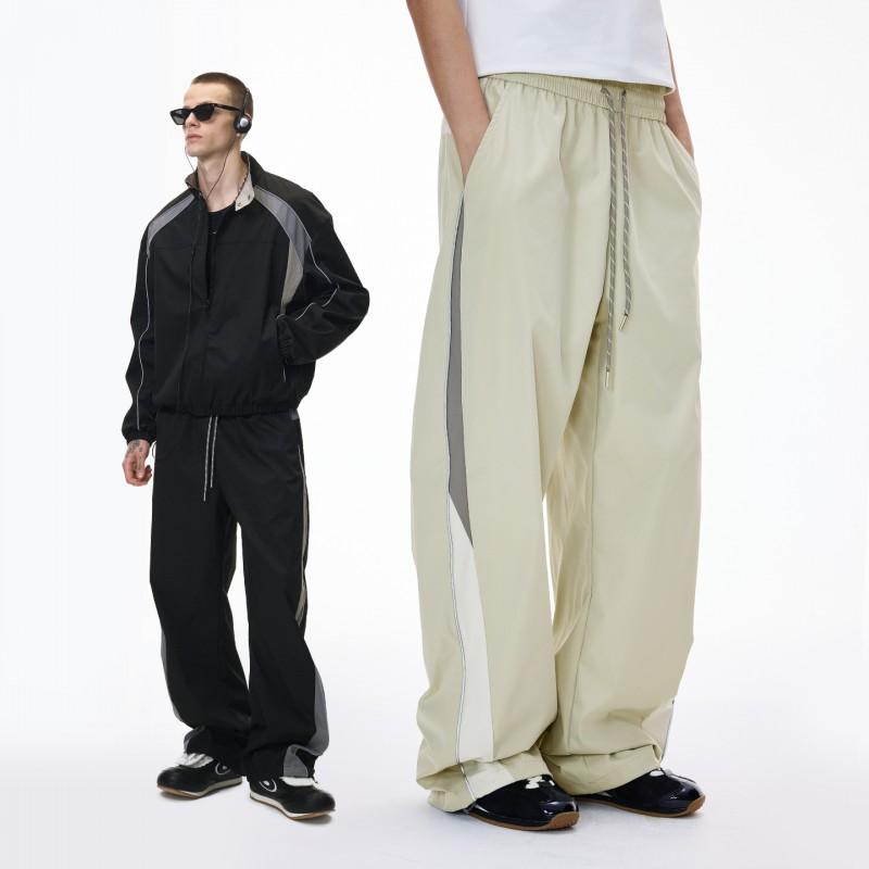 Mens Retro Sporty Cycling Jacket Wide-Leg Pants Set - Streetwear Style Stand Collar Zip Front Loose Fit