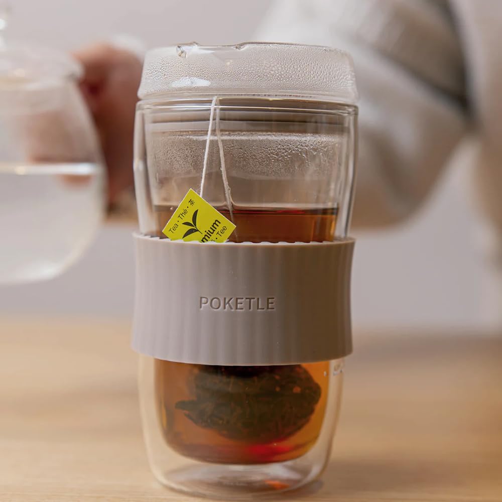 POKETLE Glass Tumbler with Lid, 330ml, Double-Walled, Heat-Resistant, Dishwasher-Safe, BPA-Free, Vidro 330, Ivory