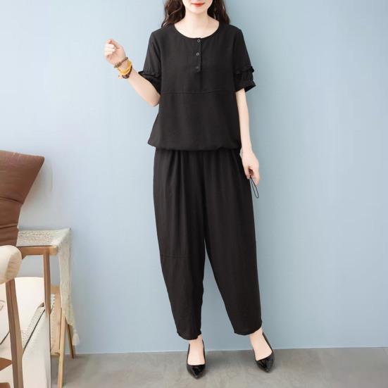 Women's Cotton Linen 2-Piece Outfit Casual Short Sleeve Crew Neck Top And Long Pants
