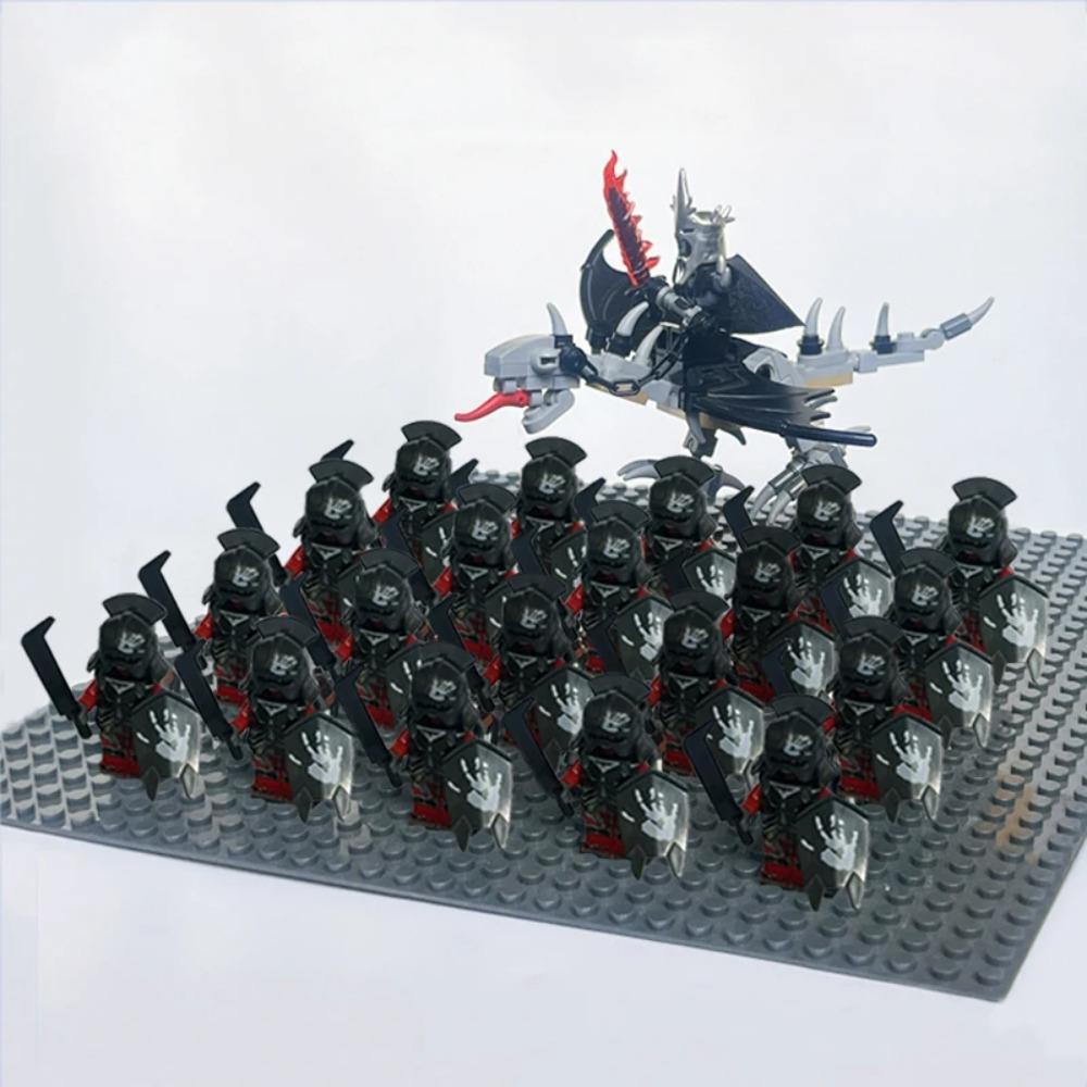 New 21Pcs Solider Uruk Hai Army Figrues King Angmar With Fell Beasts Shield Sword Bow Spear Weapons Kid Toys