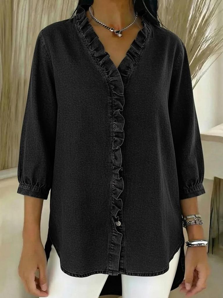 2026 Spring/Summer Women's Casual Faux Denim V-neck Ruffle Shirt Top