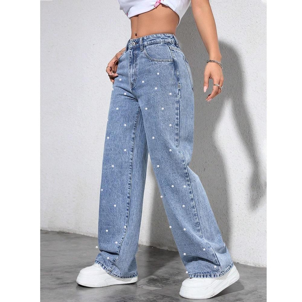 Damen High Waist Jeans Damen Mode Perlen Straight Hosen