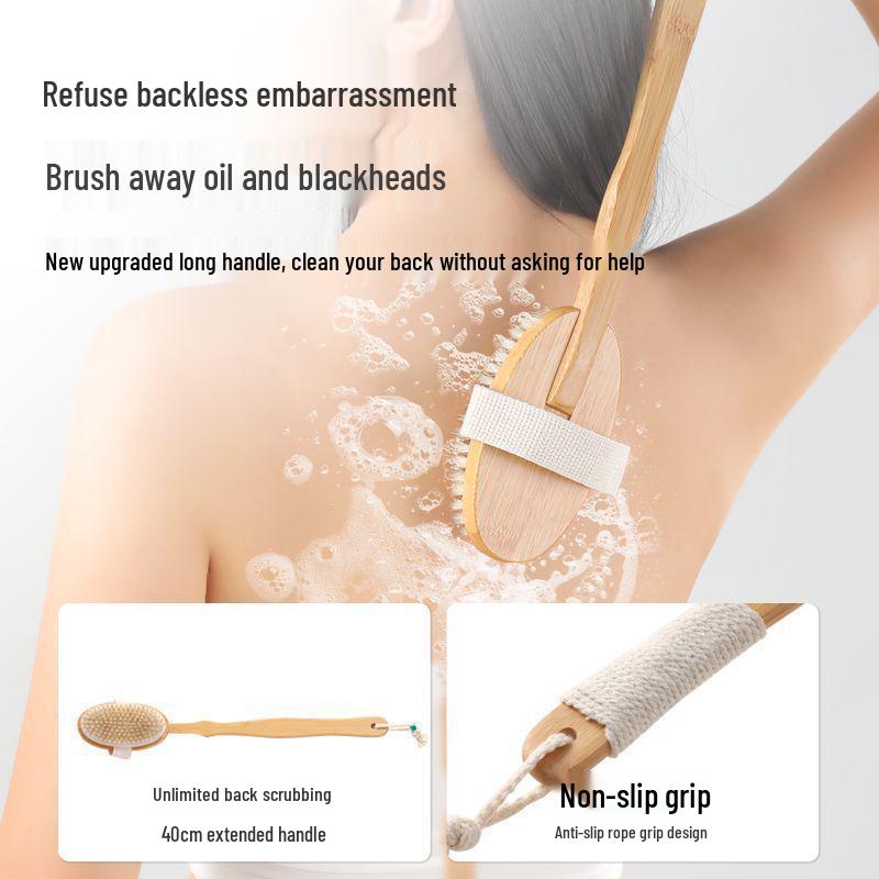 Boar Bristle Double-Sided Back Scrubber Brush with Wooden Long Handle