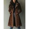2026 Fall Winter Womens Faux Suede Trench Coat Printed Turn Down Collar Loose Fit Outerwear